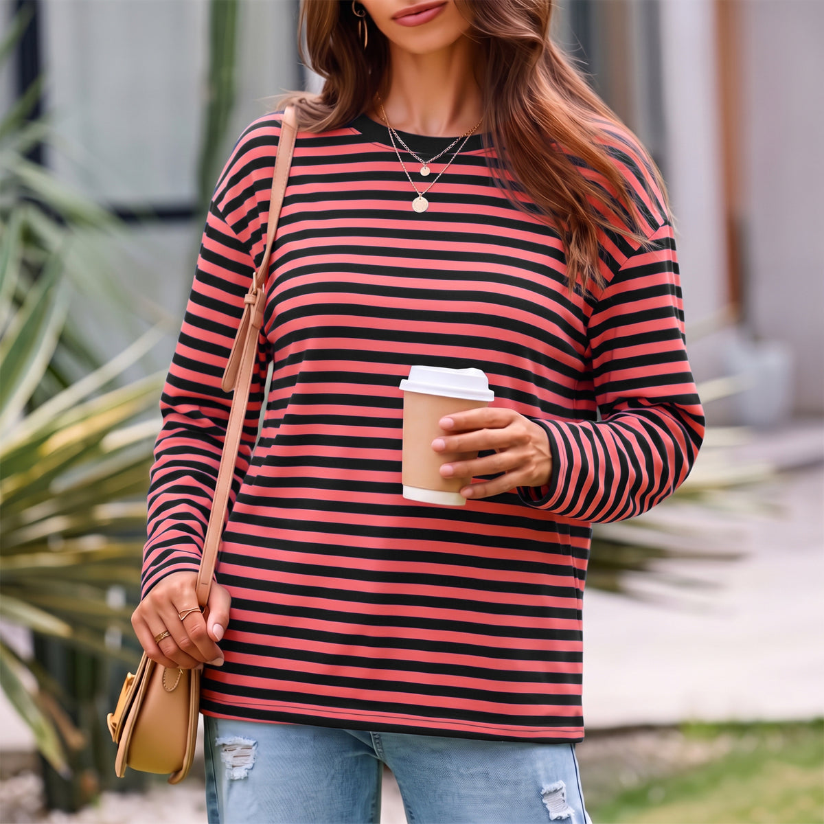 Long Sleeve Shirts for Women Striped Crewneck Oversized T Shirt Casual Pullover Top for Spring, Fall and Winter
