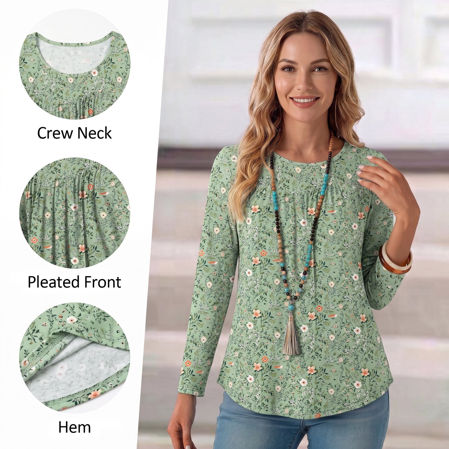 WQD Women's Long Sleeve Tunic Tops Floral Print Casual Crew Neck Pleated Blouse Loose Fit Flowy Shirts Dressy Casual Tops for Leggings S-4XL Plus Size