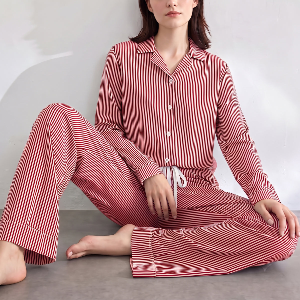 WQD Pajamas for Women Set 2 Piece Long Sleeve Button Down Top with Wide Leg Pants Soft Striped Loungewear Sleepwear with Pockets