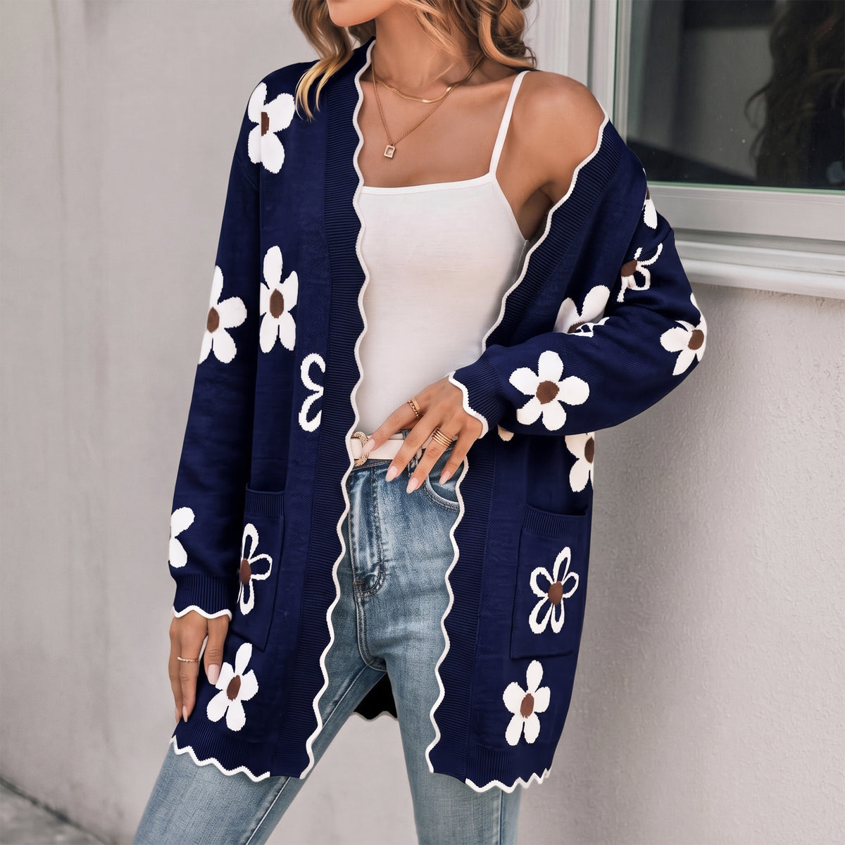 WQD Cardigans for Women Floral Knit Cardigan Long Sleeve Open Front Sweater with Pockets Casual Layering Jacket for Spring Fall Winter