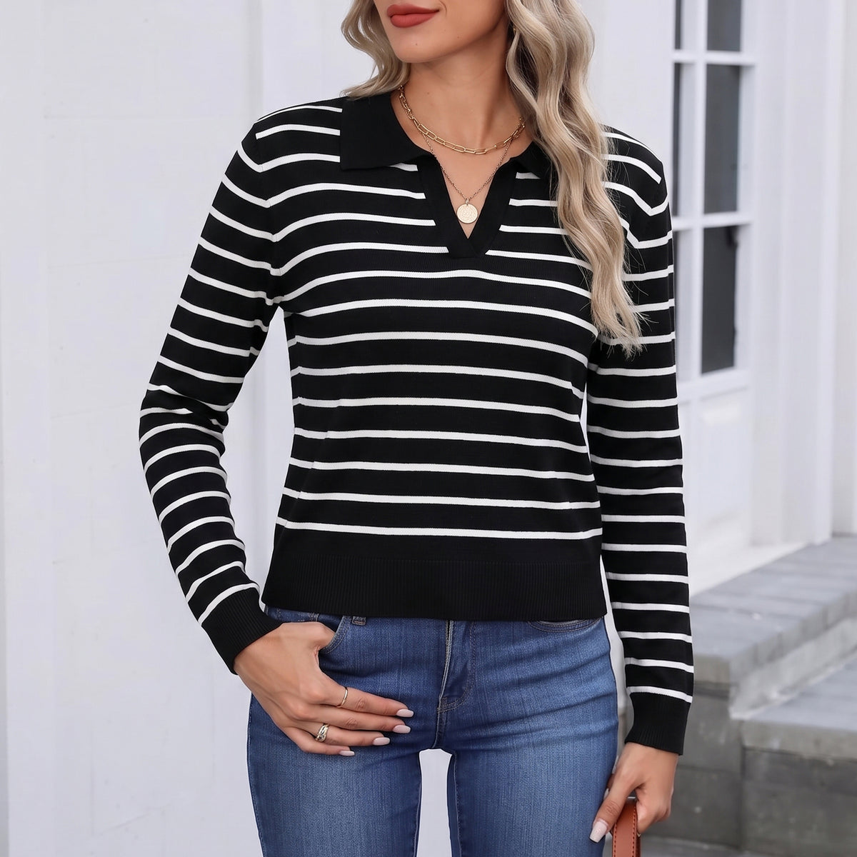 Sweaters for Women Polo Sweater Women Long Sleeve Rib Knit V Neck Pullover Lightweight Knit Top for Spring Fall Winter