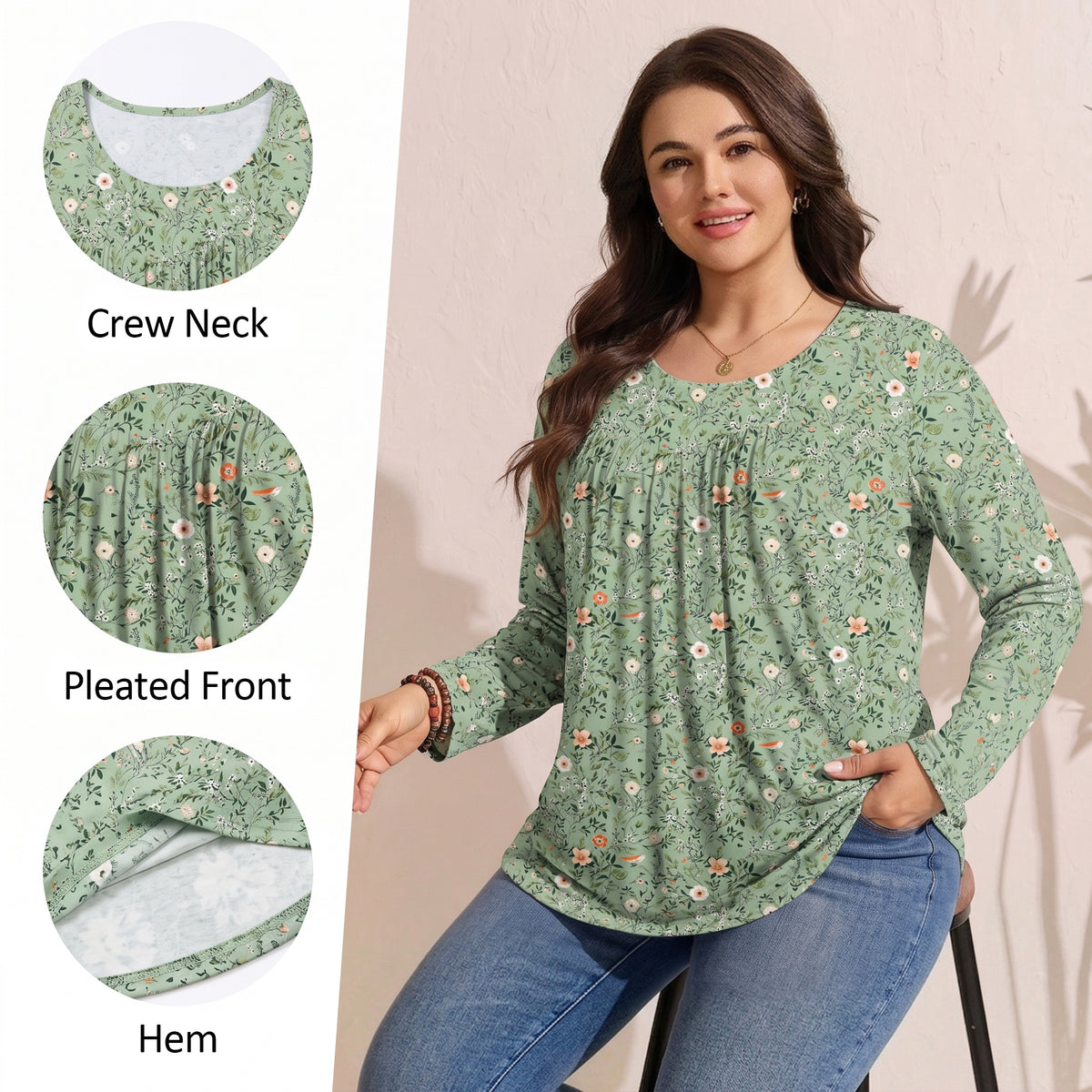 WQD Women's Long Sleeve Tunic Tops Floral Print Casual Crew Neck Pleated Blouse Loose Fit Flowy Shirts Dressy Casual Tops for Leggings S-4XL Plus Size