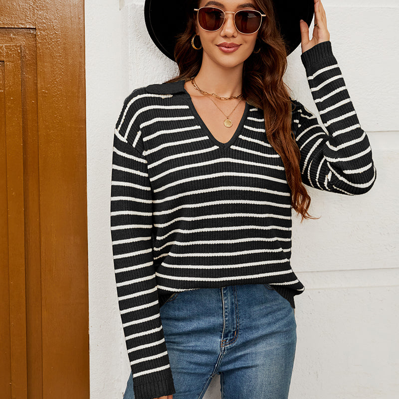 WQD Sweaters for Women Striped V Neck Collared Lightweight Knit Pullover Long Sleeve Casual Sweater for Spring Fall Winter