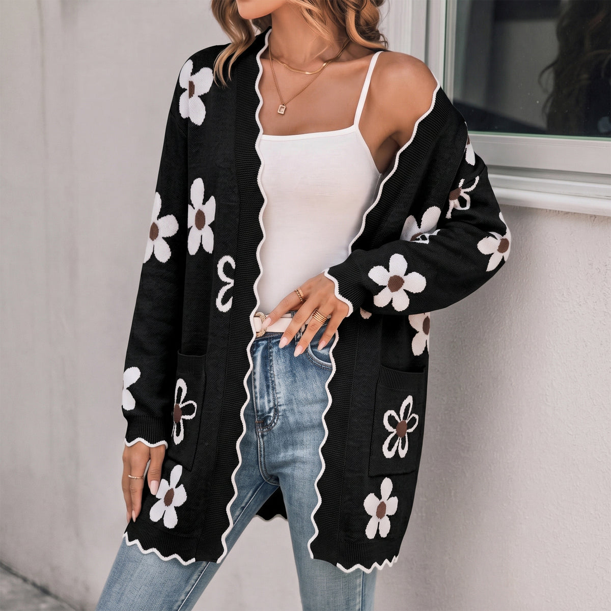 WQD Cardigans for Women Floral Knit Cardigan Long Sleeve Open Front Sweater with Pockets Casual Layering Jacket for Spring Fall Winter