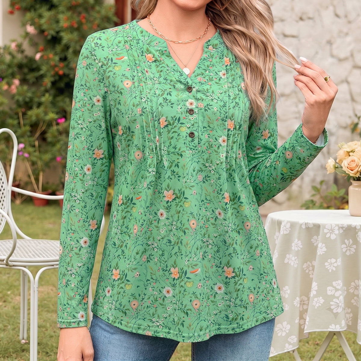 Women's Long Sleeve Tunic Tops Floral Pintuck Blouses Popover Shirts Dressy Casual Tops for Leggings Spring Fall Available in Sizes S-4XL