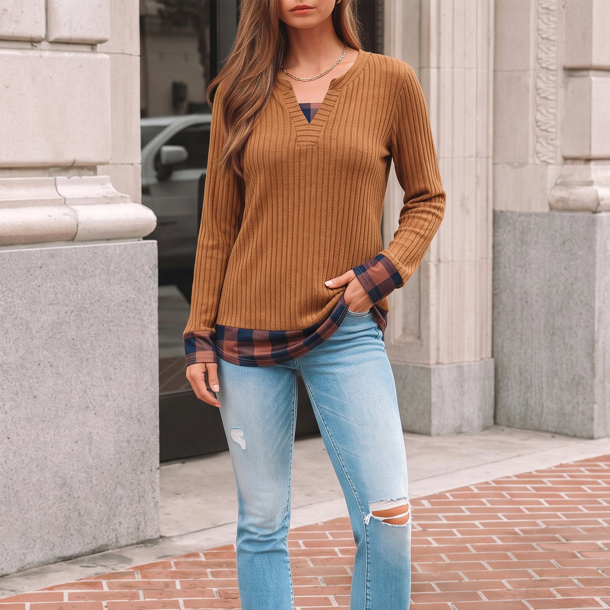 Long Sleeve Shirts for Women Casual V Neck Plaid Fake Two Piece Tops Lightweight Knit Tops Plus Size S-4XL