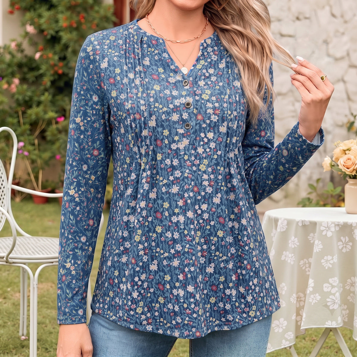 Women's Long Sleeve Tunic Tops Floral Pintuck Blouses Popover Shirts Dressy Casual Tops for Leggings Spring Fall Available in Sizes S-4XL