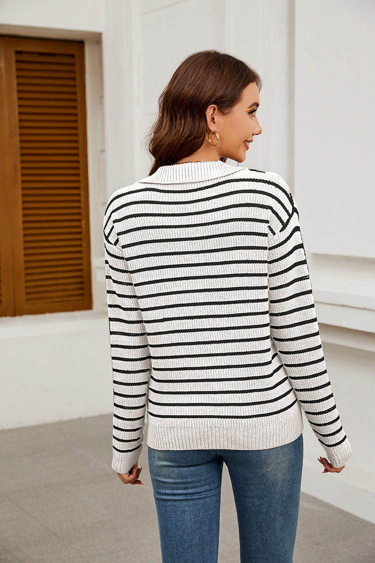 WQD Sweaters for Women Striped V Neck Collared Lightweight Knit Pullover Long Sleeve Casual Sweater for Spring Fall Winter