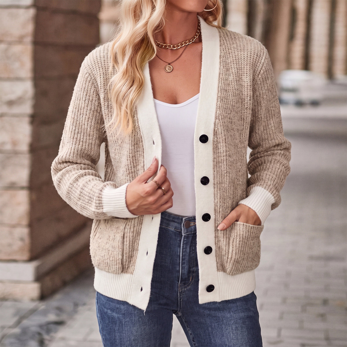 WQD Cardigan Sweaters for Women Button up Long Sleeve Knit Cardigan with Contrast Trim and Pockets for Spring Fall Winter