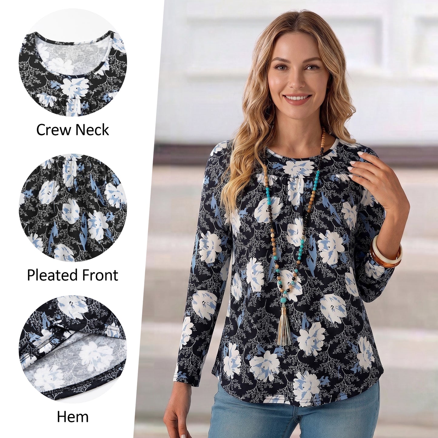 WQD Women's Long Sleeve Tunic Tops Floral Print Casual Crew Neck Pleated Blouse Loose Fit Flowy Shirts Dressy Casual Tops for Leggings S-4XL Plus Size