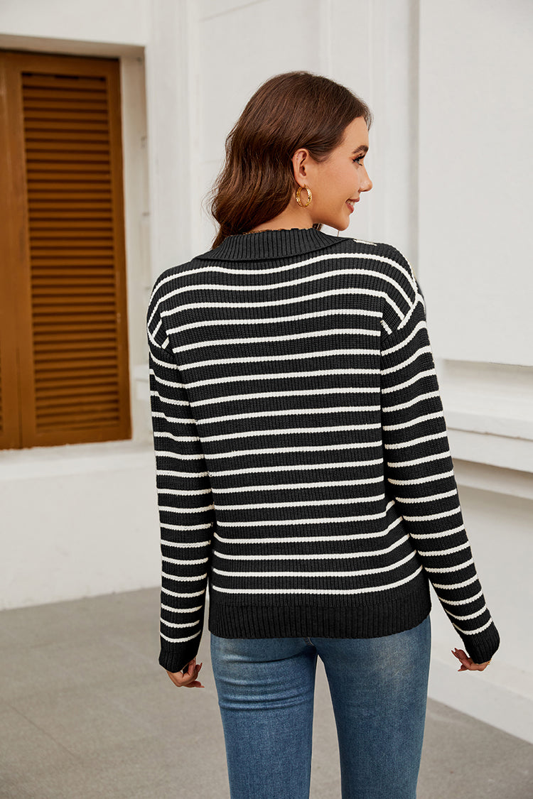 WQD Sweaters for Women Striped V Neck Collared Lightweight Knit Pullover Long Sleeve Casual Sweater for Spring Fall Winter