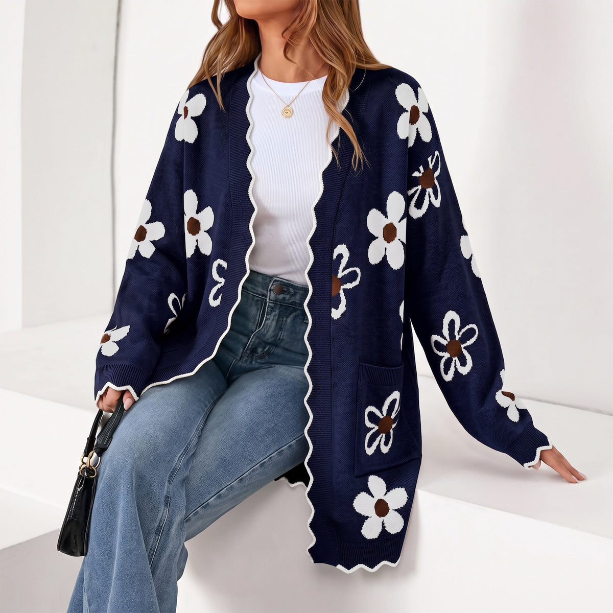 WQD Cardigans for Women Floral Knit Cardigan Long Sleeve Open Front Sweater with Pockets Casual Layering Jacket for Spring Fall Winter