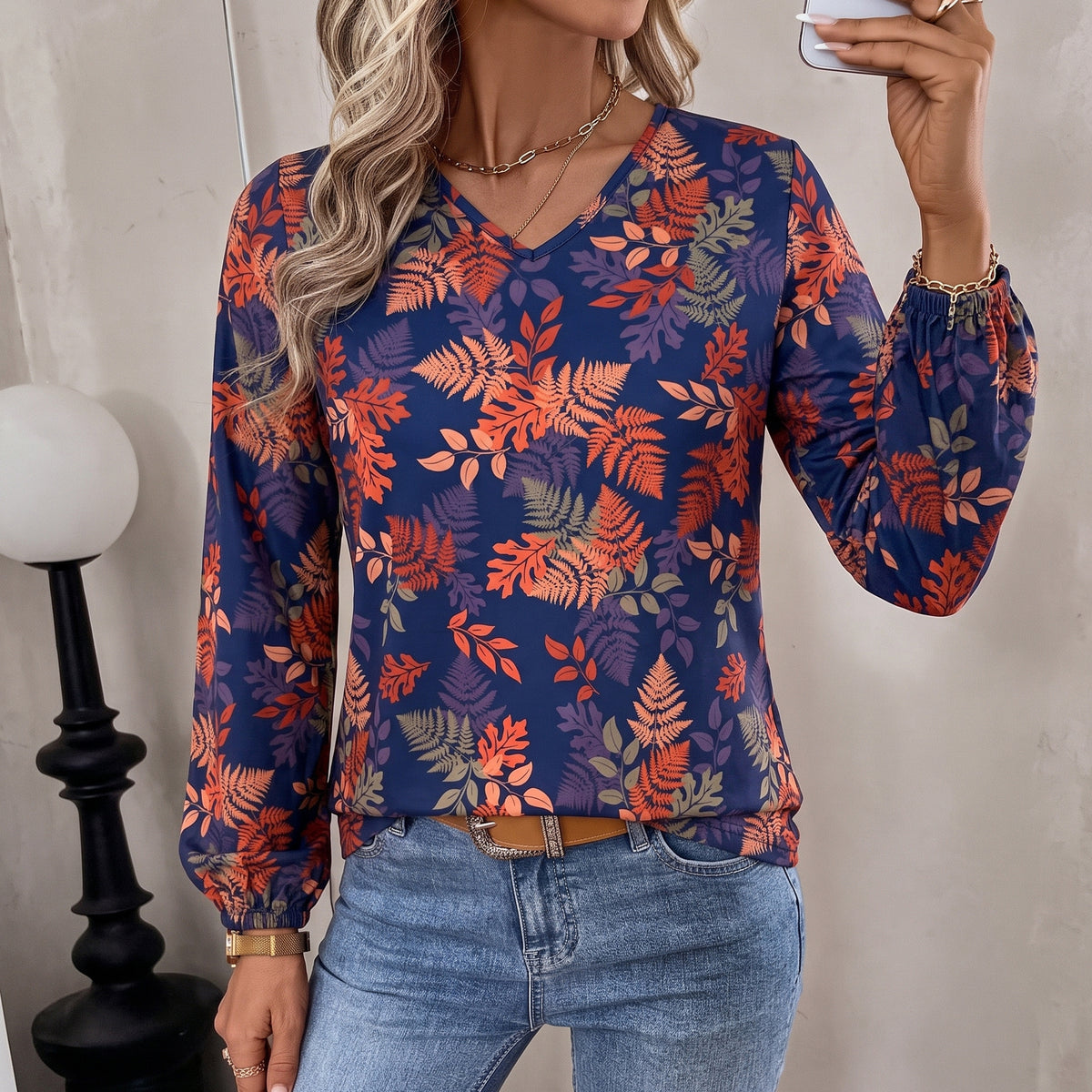 Women's Long Sleeve Floral Blouses V Neck Casual Tops Lightweight Printed Shirts for Spring Fall Winter Available in Plus Size