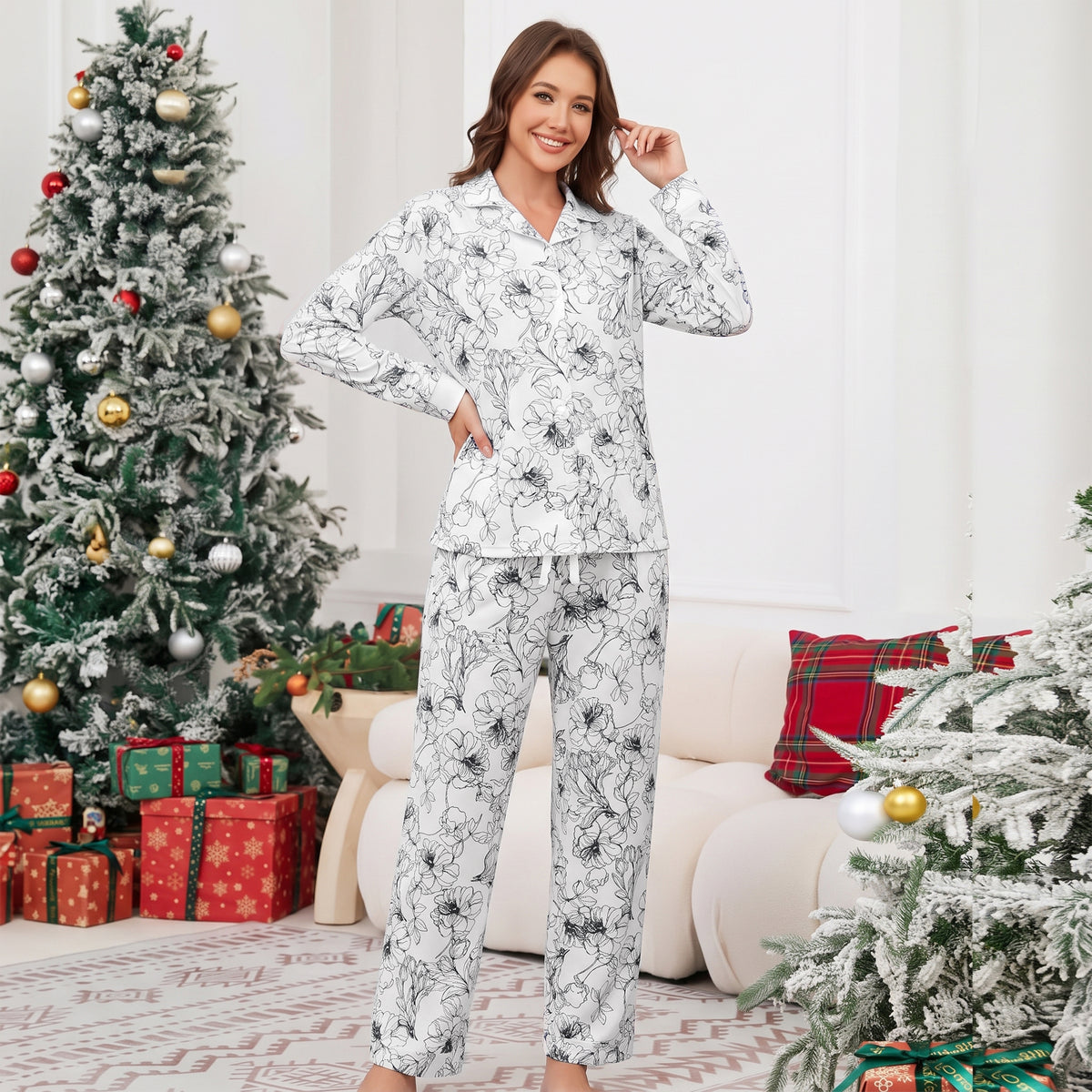 Women's Pajama Sets 2 Piece Pajama Set for Women Long Sleeve Button Front Sleepwear with Wide Leg Pajama Pants Soft Comfy Pajamas with Pockets