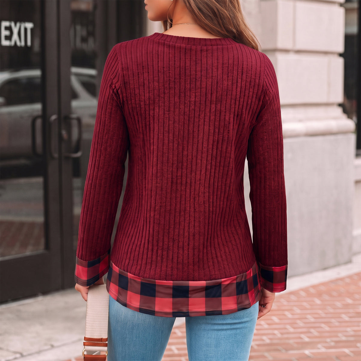 Long Sleeve Shirts for Women Casual V Neck Plaid Fake Two Piece Tops Lightweight Knit Tops Plus Size S-4XL