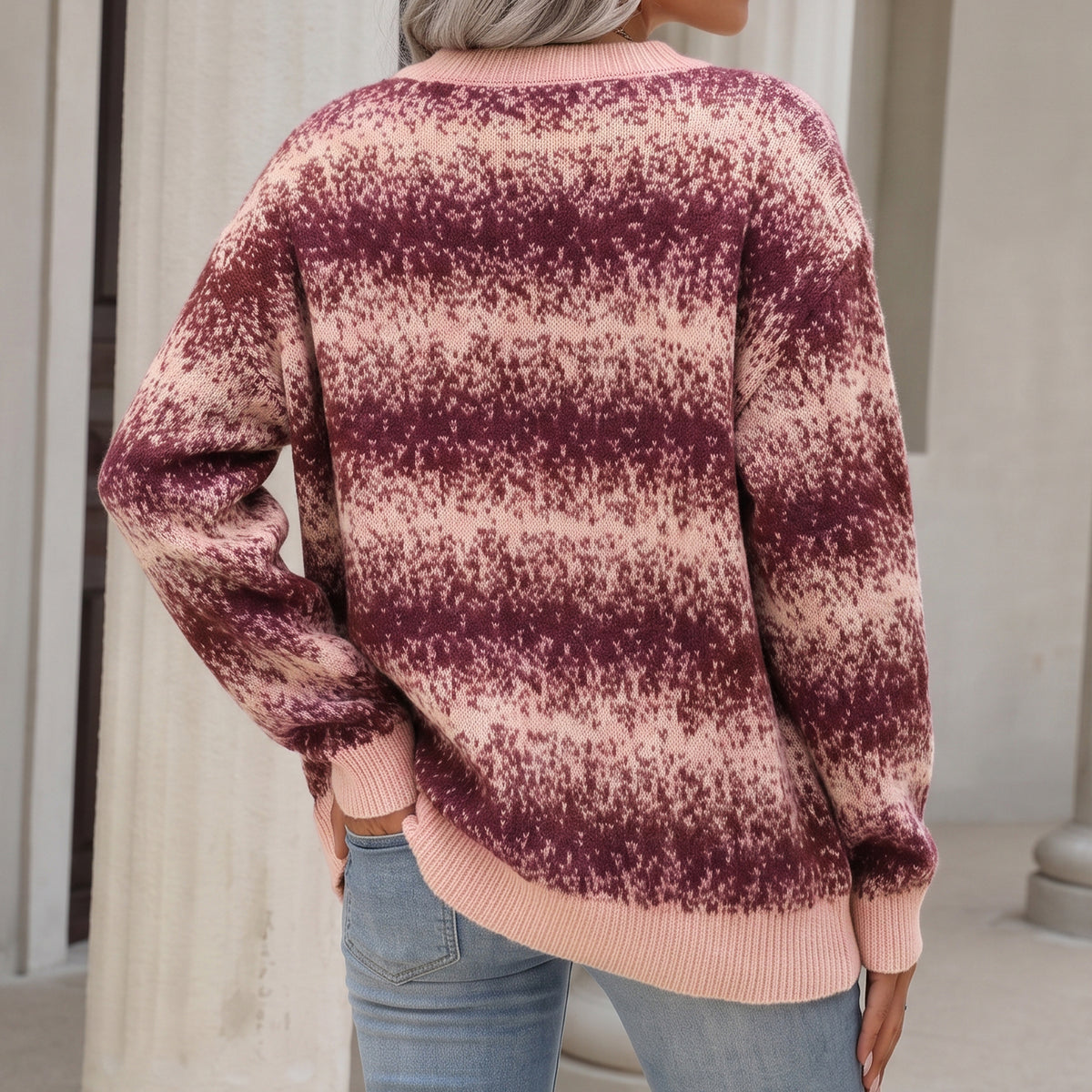 WQD Sweaters for Women Ombre Stripe Knit Sweater Long Sleeve Crewneck Casual Relaxed Fit Pullover for Spring Fall and Winter