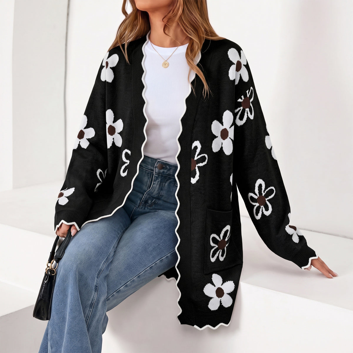 WQD Cardigans for Women Floral Knit Cardigan Long Sleeve Open Front Sweater with Pockets Casual Layering Jacket for Spring Fall Winter