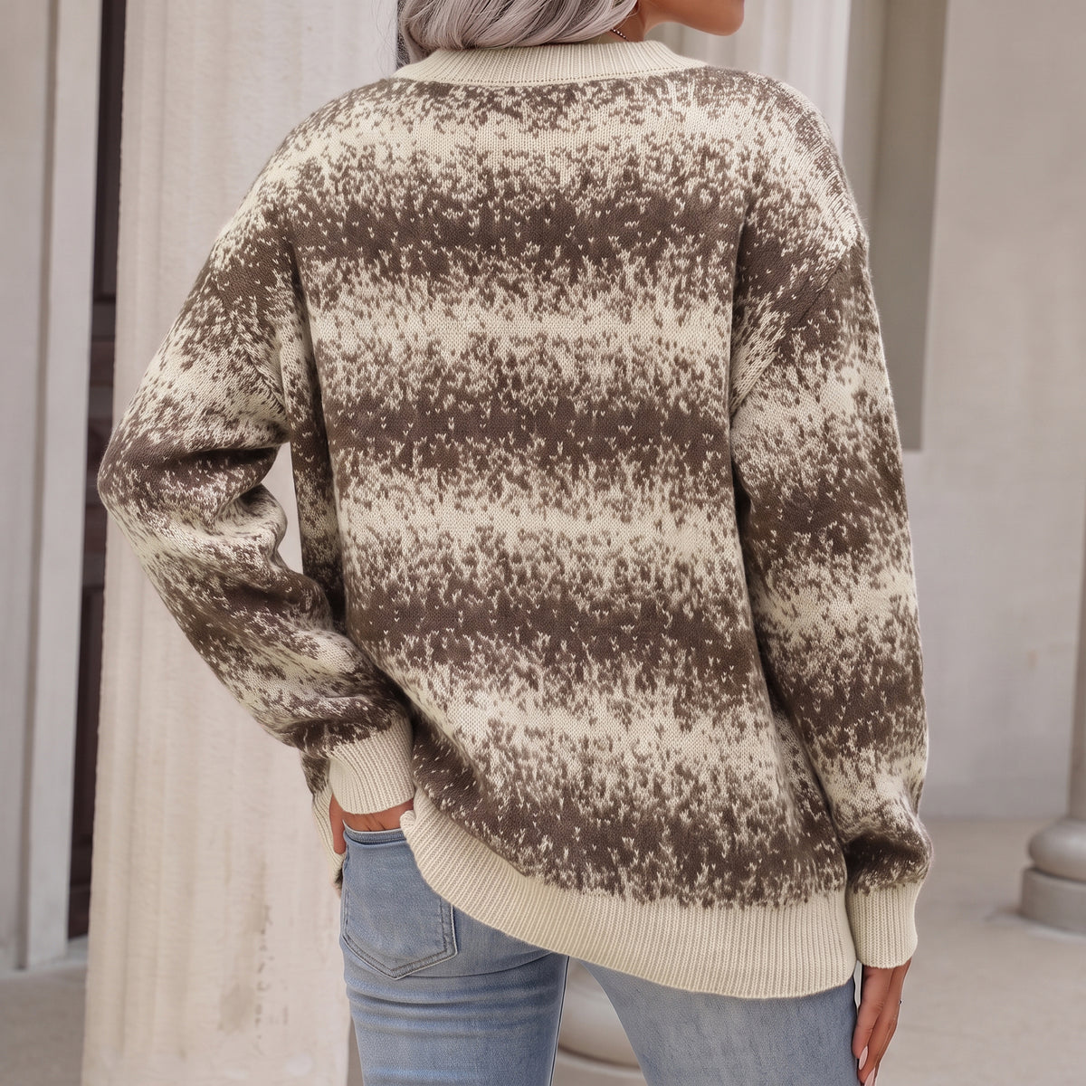 WQD Sweaters for Women Ombre Stripe Knit Sweater Long Sleeve Crewneck Casual Relaxed Fit Pullover for Spring Fall and Winter