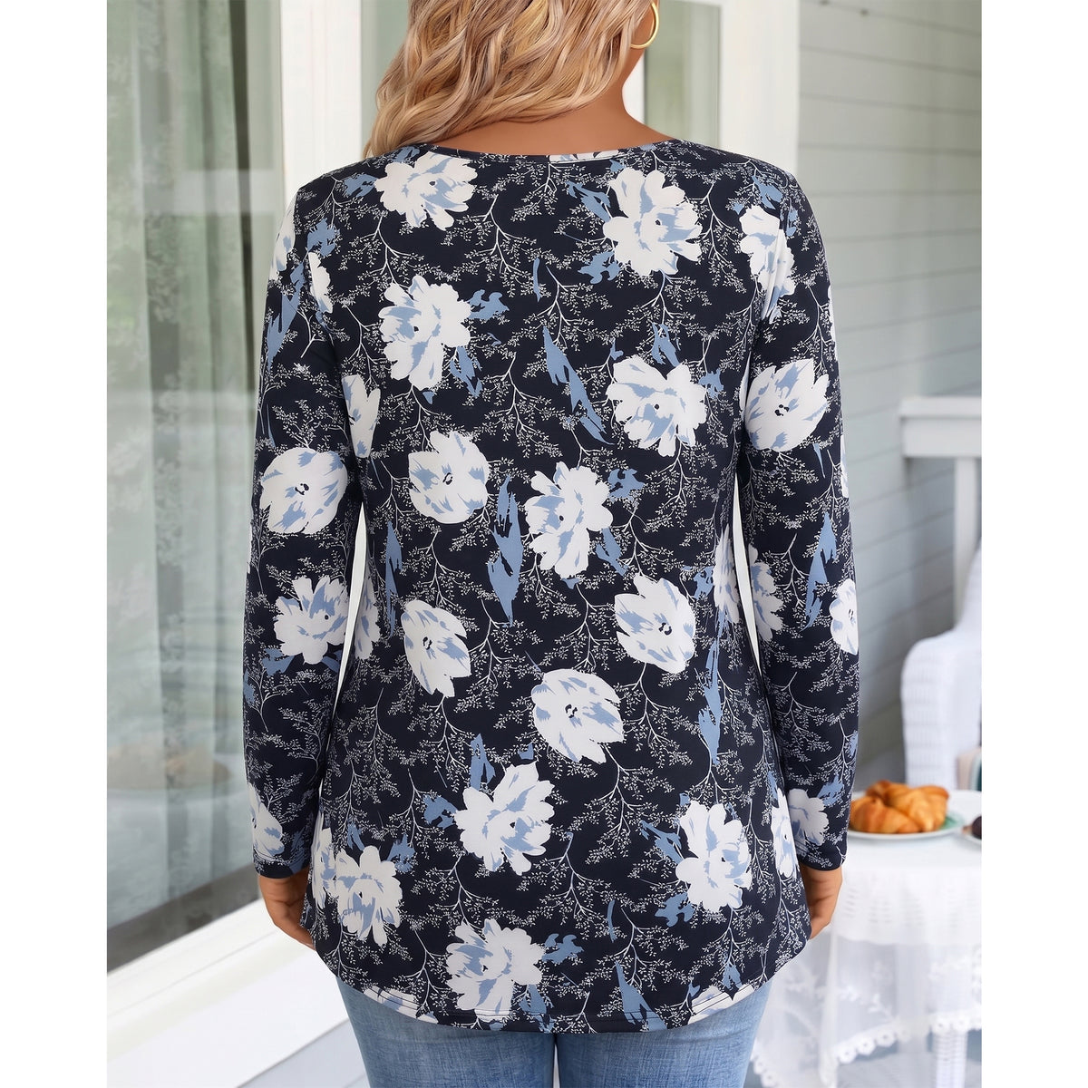 WQD Women's Long Sleeve Tunic Tops Floral Print Casual Crew Neck Pleated Blouse Loose Fit Flowy Shirts Dressy Casual Tops for Leggings S-4XL Plus Size