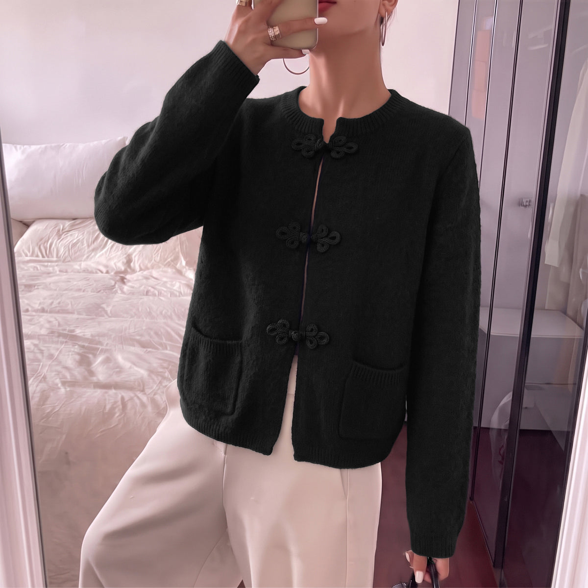 WQD Women's Cardigan Sweaters for Women Lightweight Knit Cardigan Long Sleeve Sweater Jacket with Chinese Frog Button and Pockets for Casual Fall Winter Wear