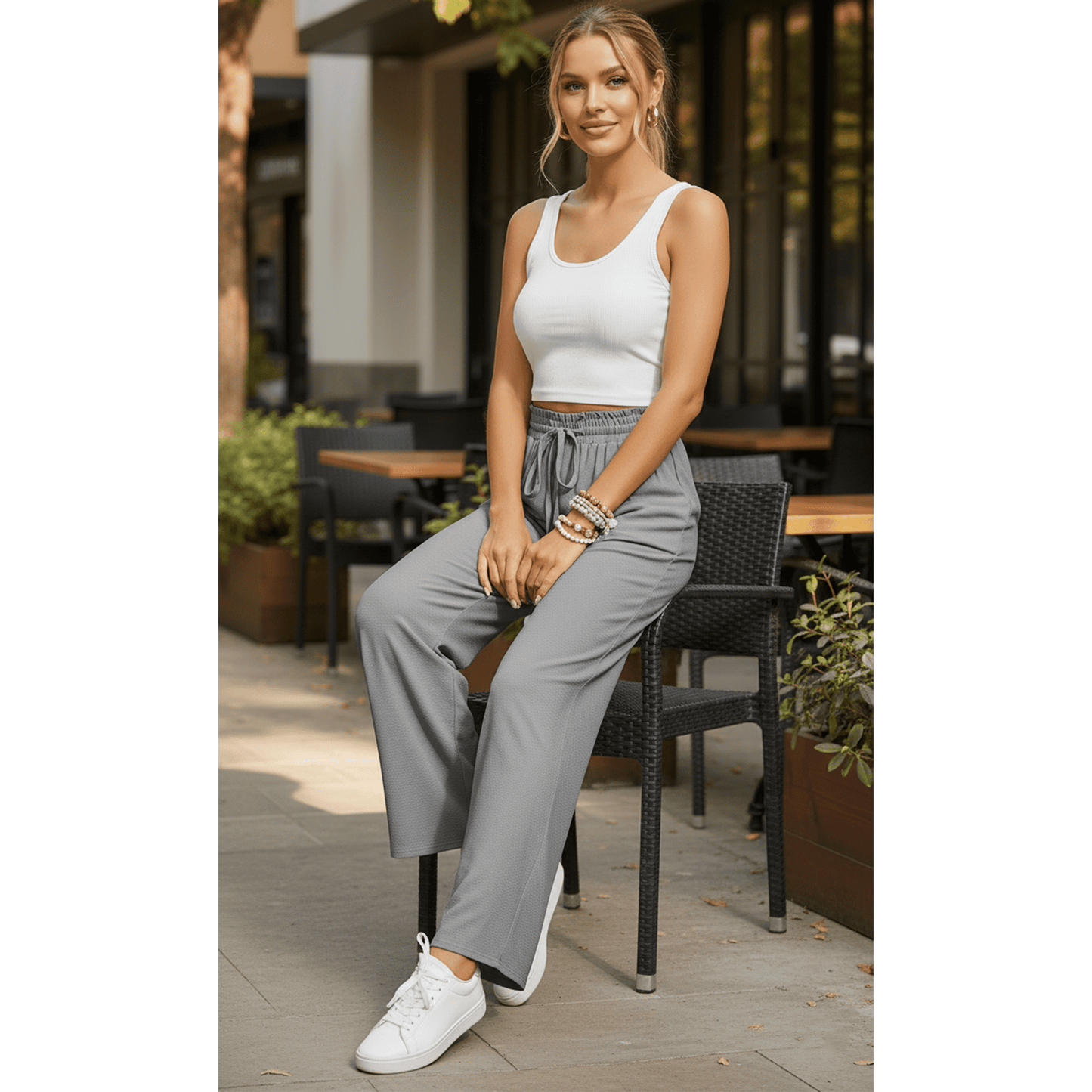 Women’s Casual Wide Leg Sweatpants Flowy Lounge Pants with Pockets Adjustable Tie Knot Elastic Waist Pajama Pants