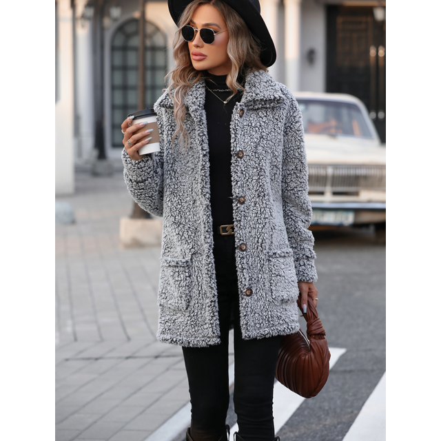 WQD Womens Fleece Jacket Winter Sherpa Coat Long Sleeve Warm Fuzzy Casual Outerwear Soft Cozy Lapel Snow Thick Button Fashion Top with Pockets