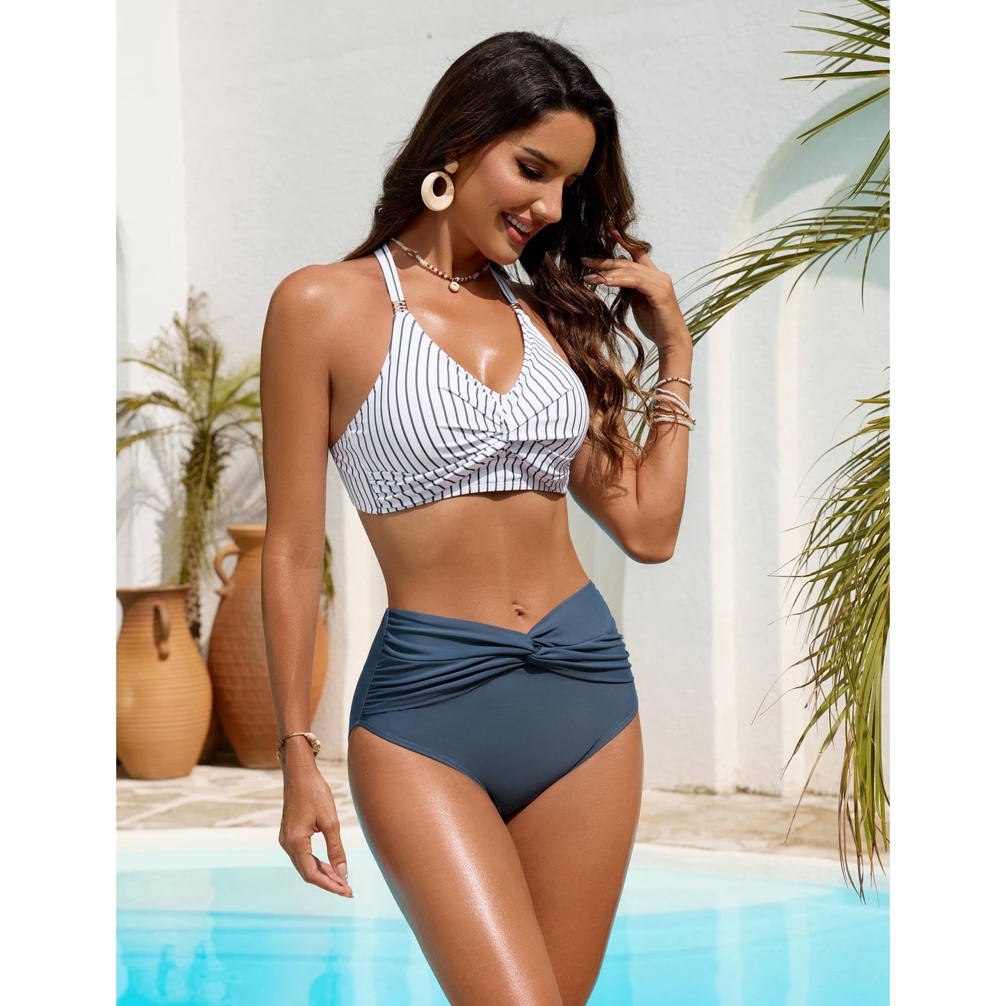 Women’s High Waisted Bikini Set Tummy Control Two Piece Swimsuit V Neck Twist Front Bikini Top & High Rise Bathing Suit Bottoms