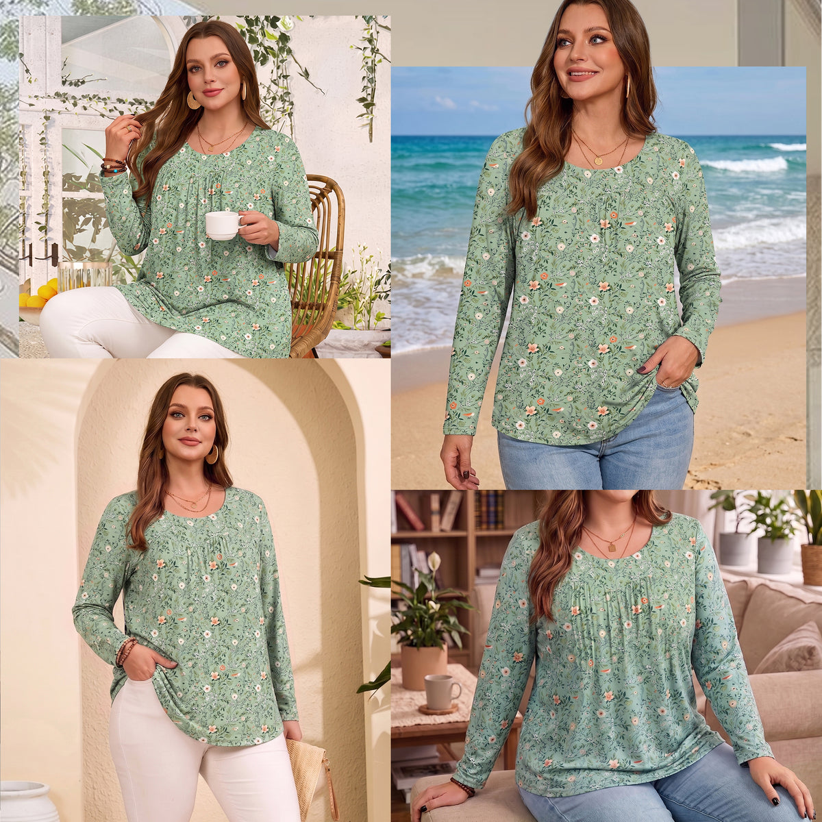 WQD Women's Long Sleeve Tunic Tops Floral Print Casual Crew Neck Pleated Blouse Loose Fit Flowy Shirts Dressy Casual Tops for Leggings S-4XL Plus Size
