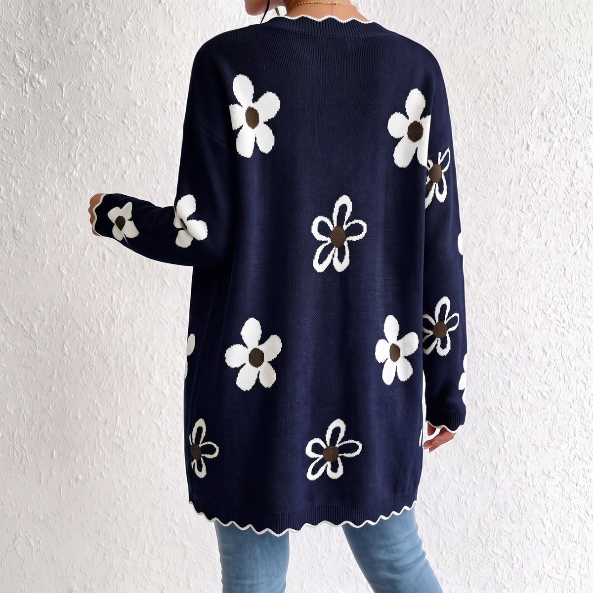 WQD Cardigans for Women Floral Knit Cardigan Long Sleeve Open Front Sweater with Pockets Casual Layering Jacket for Spring Fall Winter