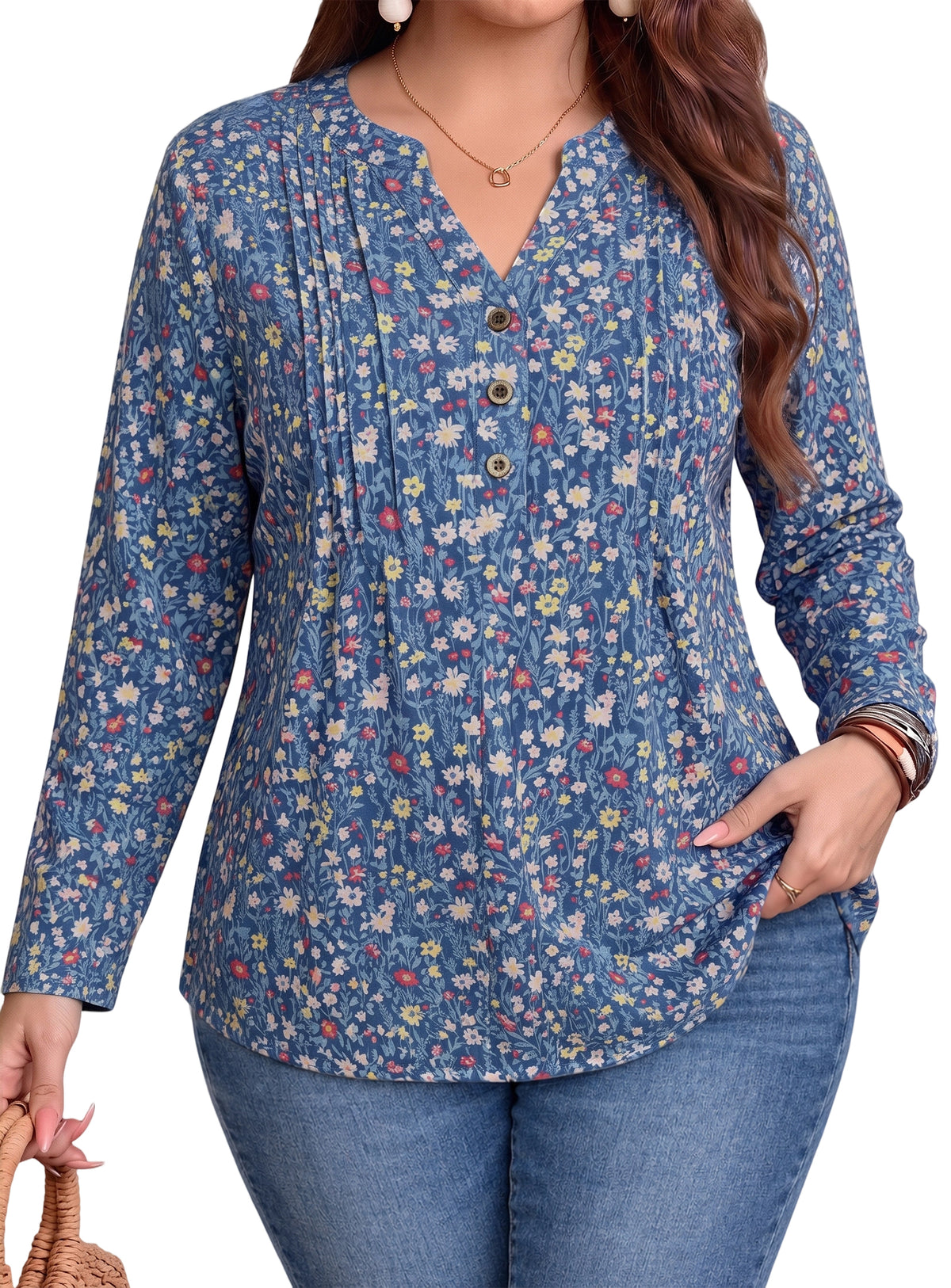 Women's Long Sleeve Tunic Tops Floral Pintuck Blouses Popover Shirts Dressy Casual Tops for Leggings Spring Fall Available in Sizes S-4XL