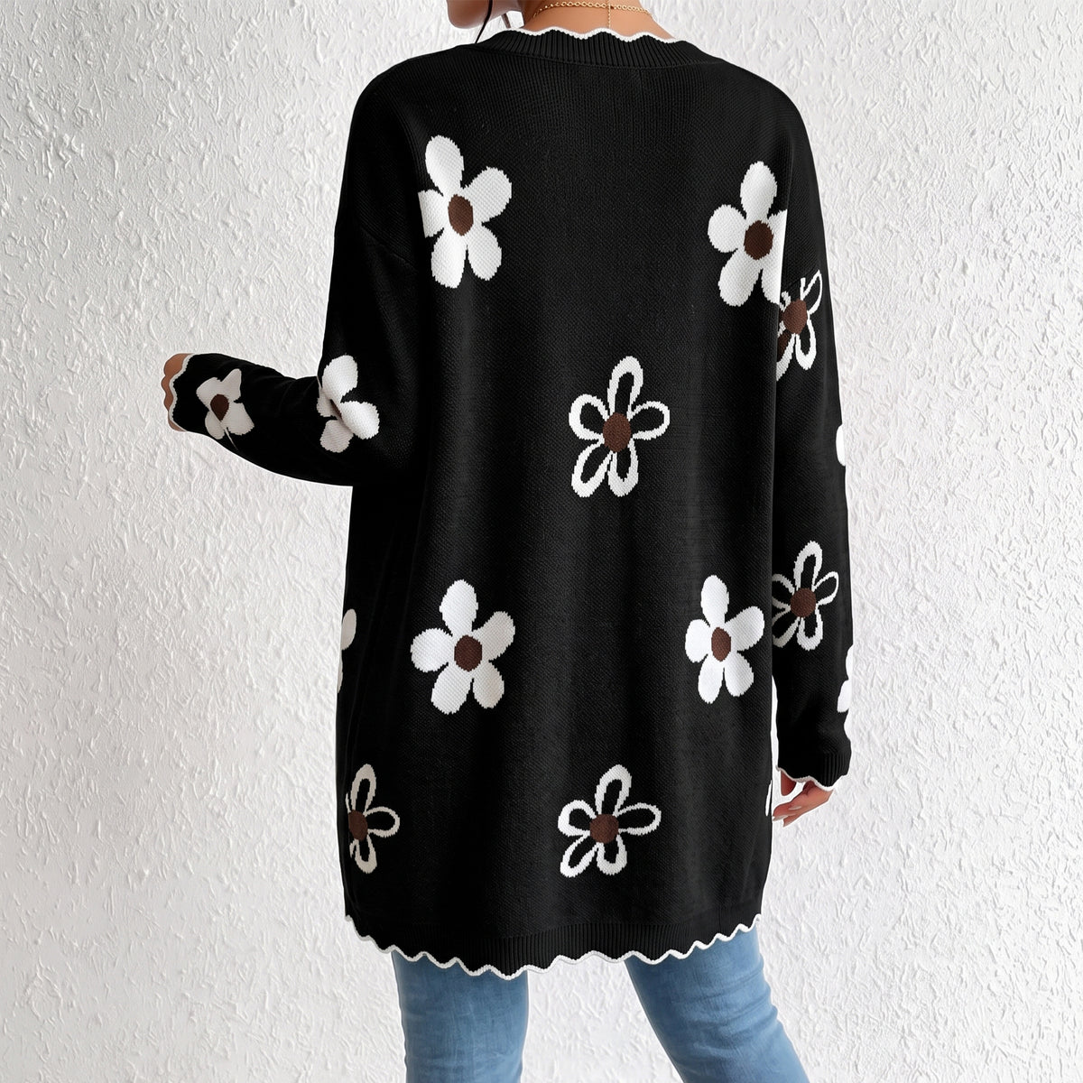 WQD Cardigans for Women Floral Knit Cardigan Long Sleeve Open Front Sweater with Pockets Casual Layering Jacket for Spring Fall Winter