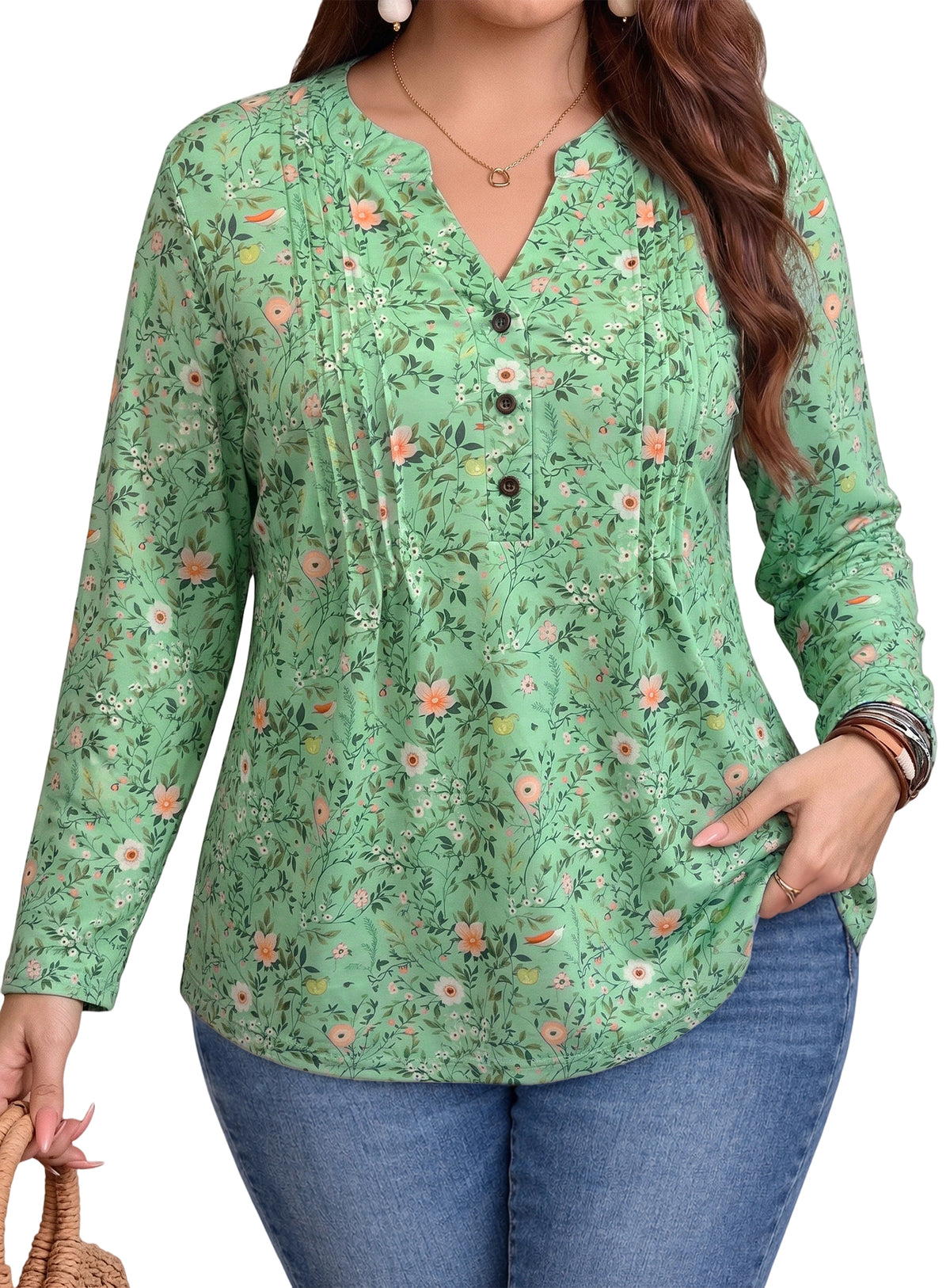 Women's Long Sleeve Tunic Tops Floral Pintuck Blouses Popover Shirts Dressy Casual Tops for Leggings Spring Fall Available in Sizes S-4XL