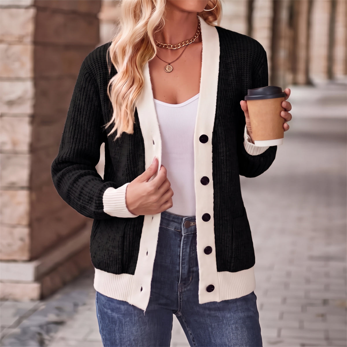 WQD Cardigan Sweaters for Women Button up Long Sleeve Knit Cardigan with Contrast Trim and Pockets for Spring Fall Winter