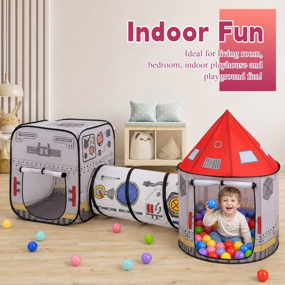 Flynow Rocket Ship Pop up Play Tent toys for 0-1-2-3-4-5-6 year old with Tunnel and Playhouse Kids Indoor Outdoor Castle Ball Pit For Baby&Toddler Toys Spaceship Tent Set