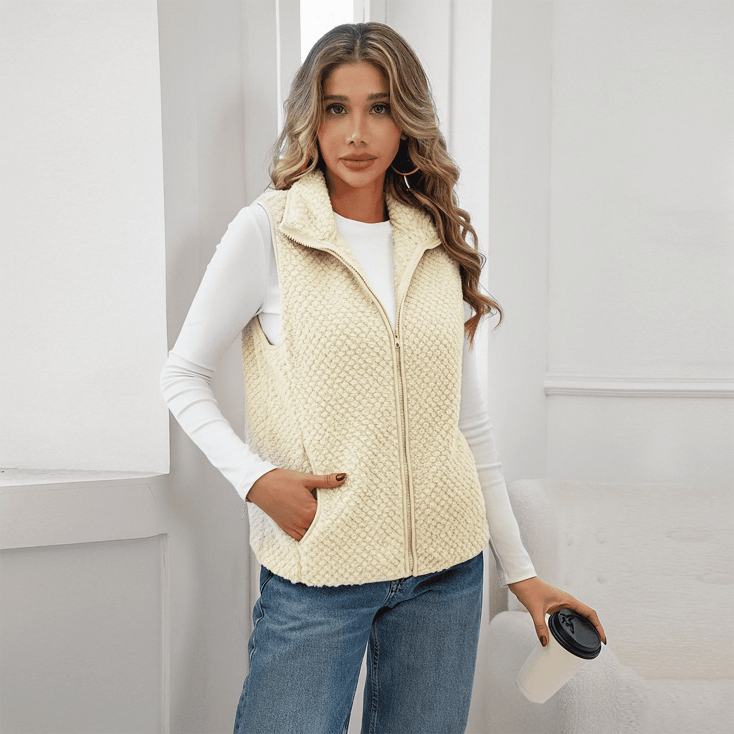 WQD Womens Sherpa Fleece Vest Lightweight Sleeveless Zip Up Jacket with Pockets Cozy Fuzzy Outerwear for Fall Winter Layering