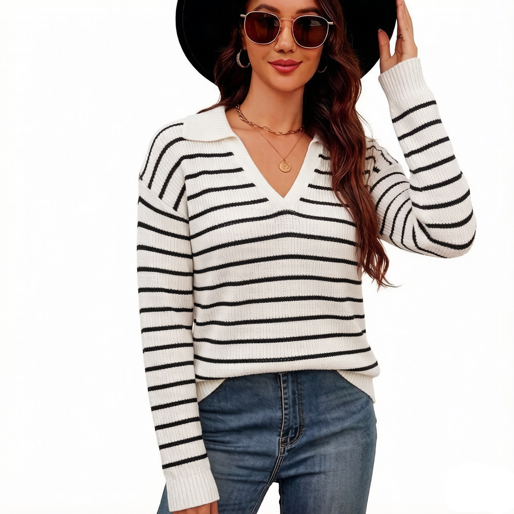 WQD Sweaters for Women Striped V Neck Collared Lightweight Knit Pullover Long Sleeve Casual Sweater for Spring Fall Winter