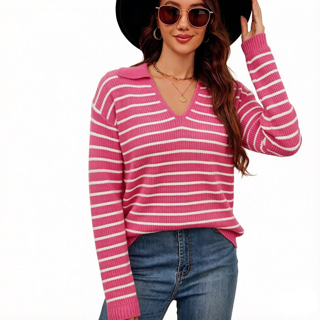 WQD Sweaters for Women Striped V Neck Collared Lightweight Knit Pullover Long Sleeve Casual Sweater for Spring Fall Winter