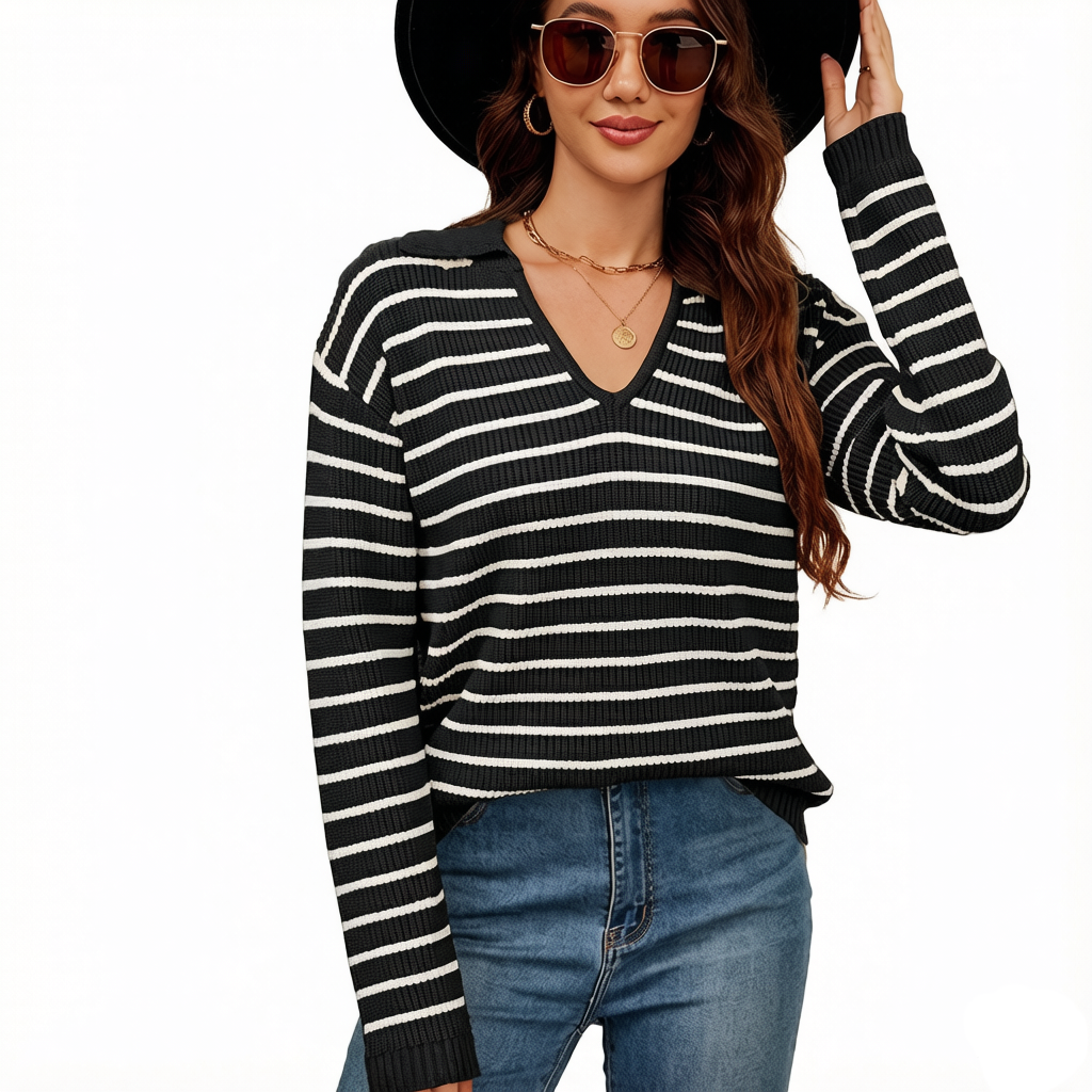 WQD Sweaters for Women Striped V Neck Collared Lightweight Knit Pullover Long Sleeve Casual Sweater for Spring Fall Winter