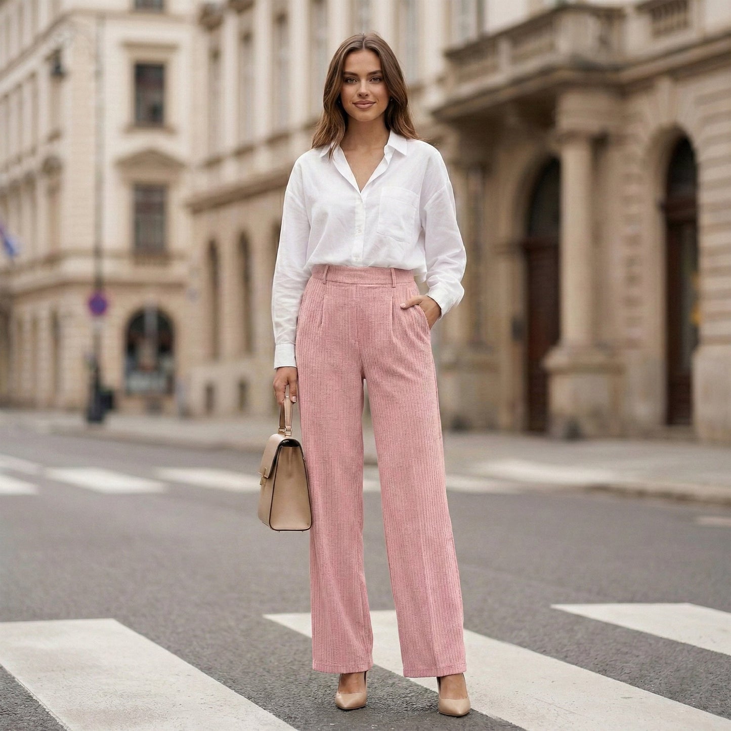 Women’s High Waisted Wide Leg Pants Casual Straight Leg Trousers with Front Pleats Elastic Back Waist Lounge Work Pants