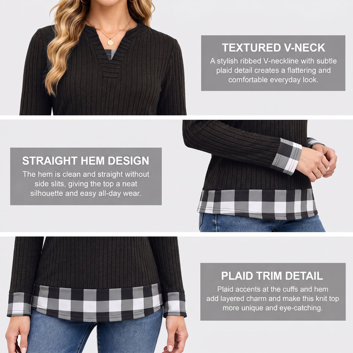 Long Sleeve Shirts for Women Casual V Neck Plaid Fake Two Piece Tops Lightweight Knit Tops Plus Size S-4XL