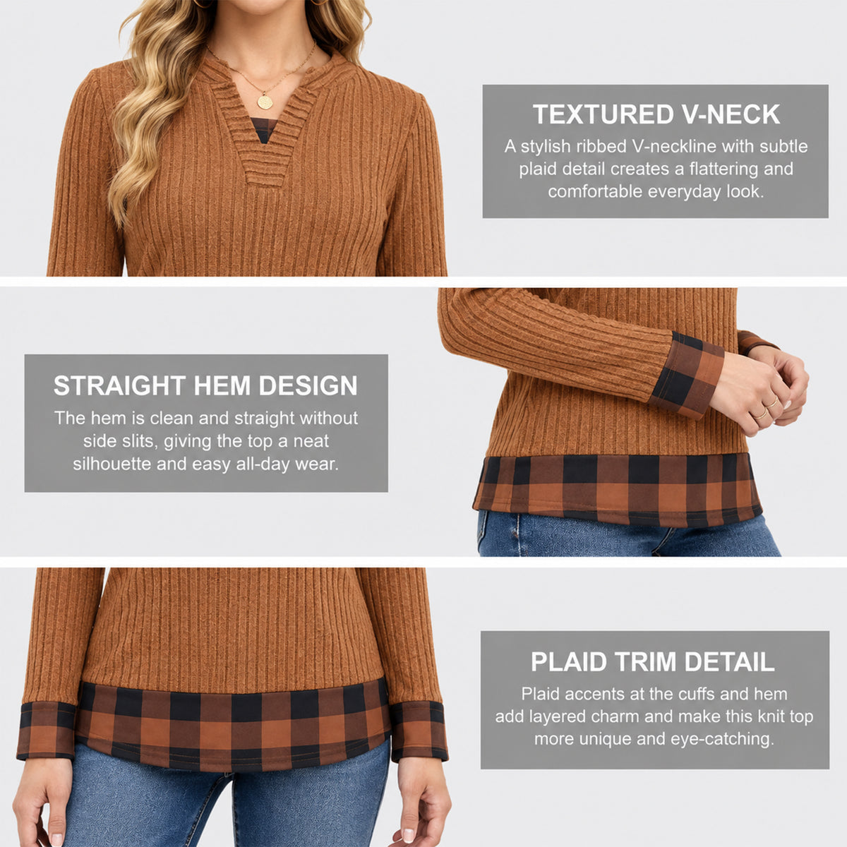 Long Sleeve Shirts for Women Casual V Neck Plaid Fake Two Piece Tops Lightweight Knit Tops Plus Size S-4XL