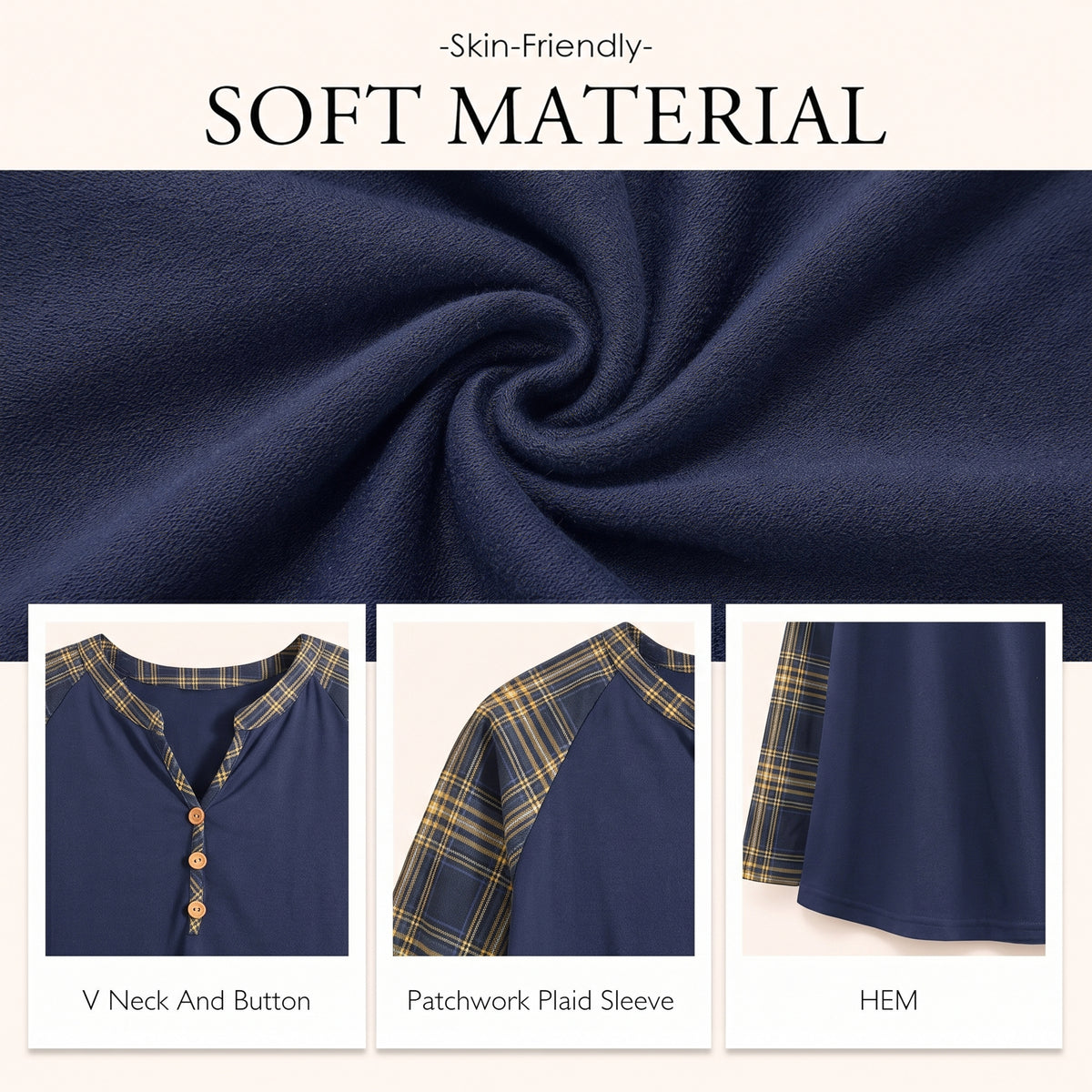 WQD Women's Long Sleeve Tops Plaid Raglan Sleeve Henley Tunic Shirt V Neck Button Casual Top for Spring Fall Winter