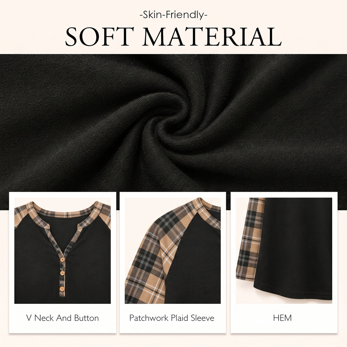 WQD Women's Long Sleeve Tops Plaid Raglan Sleeve Henley Tunic Shirt V Neck Button Casual Top for Spring Fall Winter