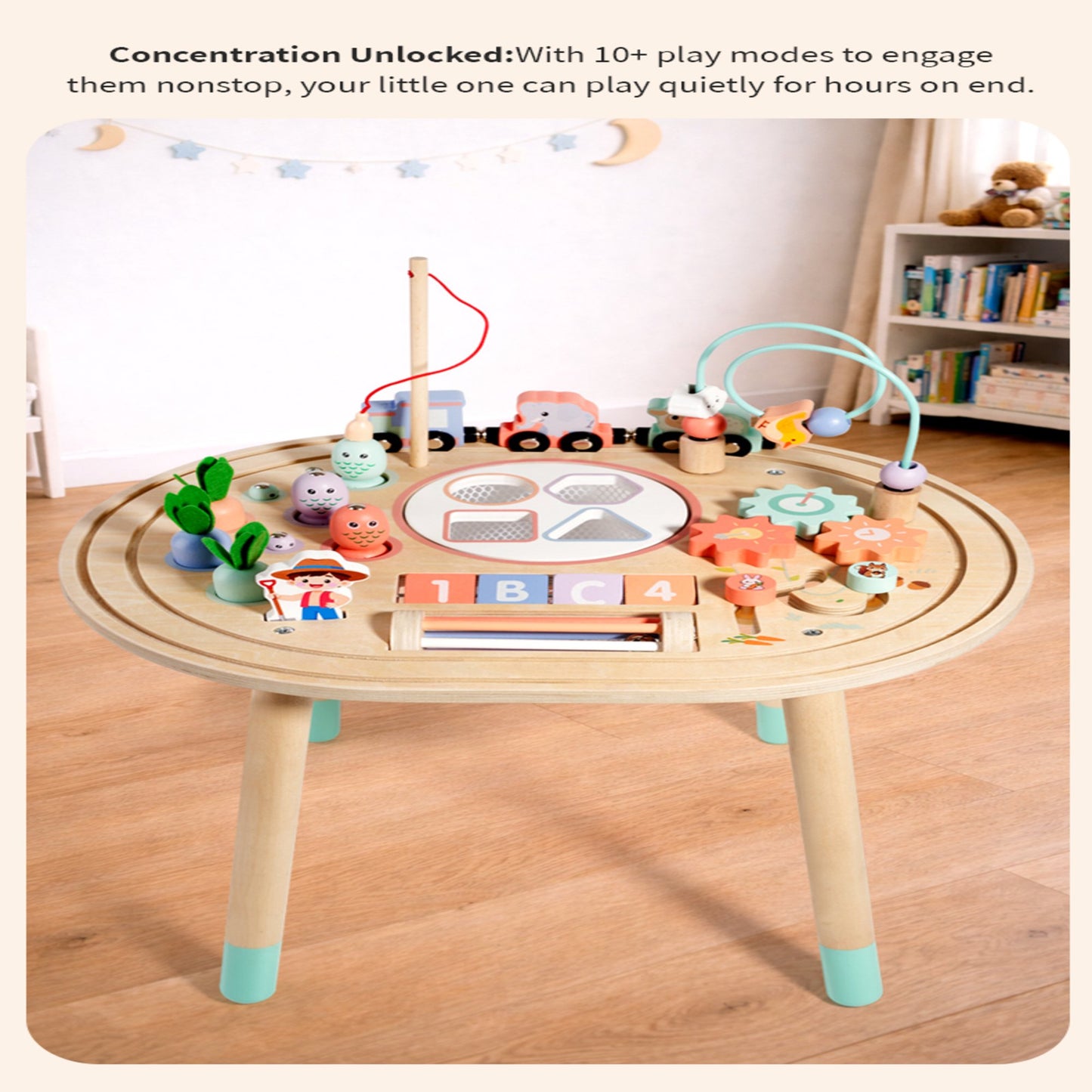 Flynow Baby Busy Board Toys 10-in-1 Wooden Sensory Activity Table, Montessori Toddler Toy Shape Sorter, Fishing, Bead Maze & Train Track, Educational Learning Birthday Gift for 1+ Year Old Boys Girls