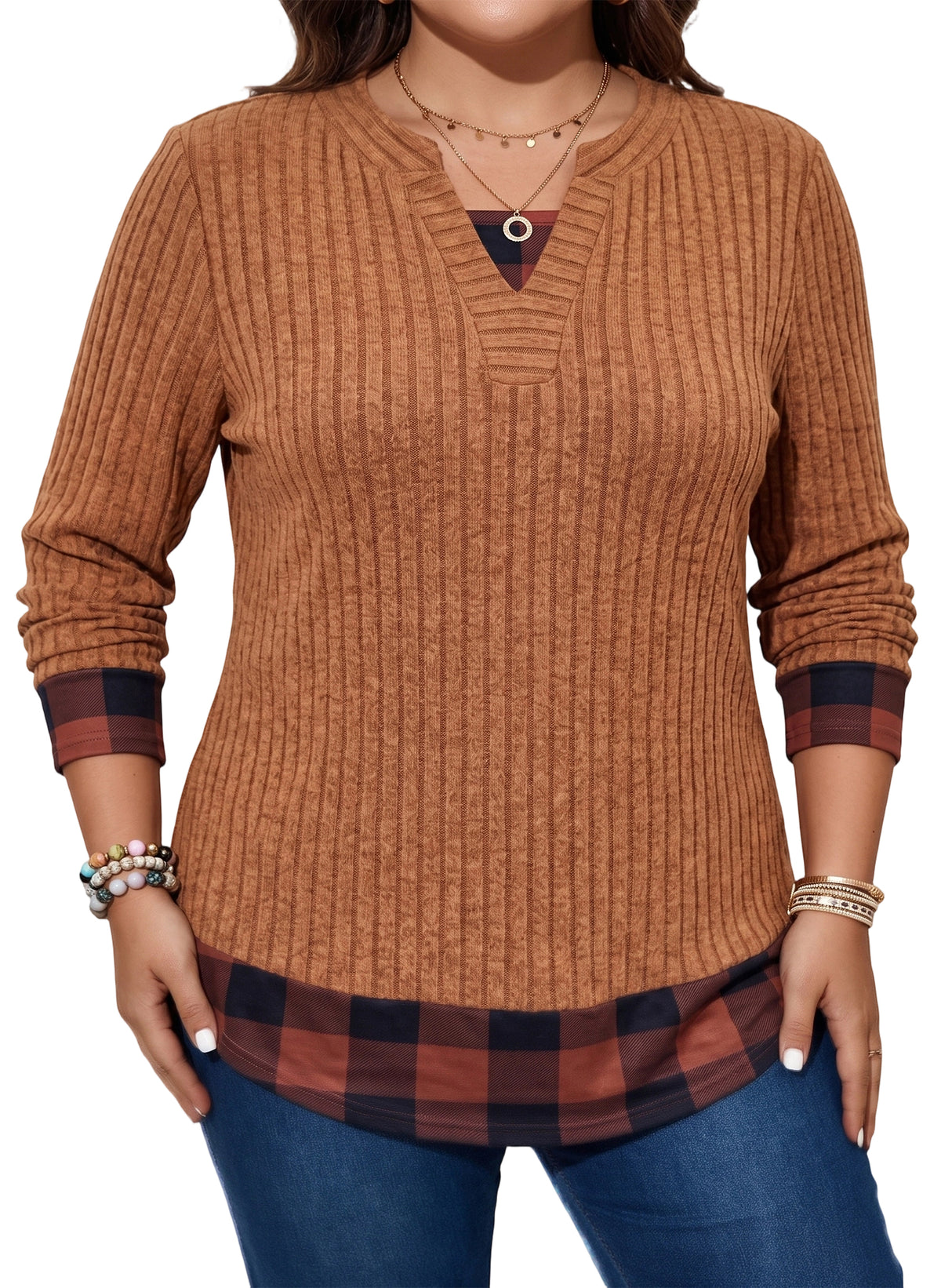 Long Sleeve Shirts for Women Casual V Neck Plaid Fake Two Piece Tops Lightweight Knit Tops Plus Size S-4XL