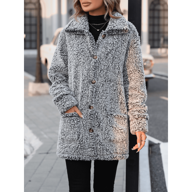 WQD Womens Fleece Jacket Winter Sherpa Coat Long Sleeve Warm Fuzzy Casual Outerwear Soft Cozy Lapel Snow Thick Button Fashion Top with Pockets