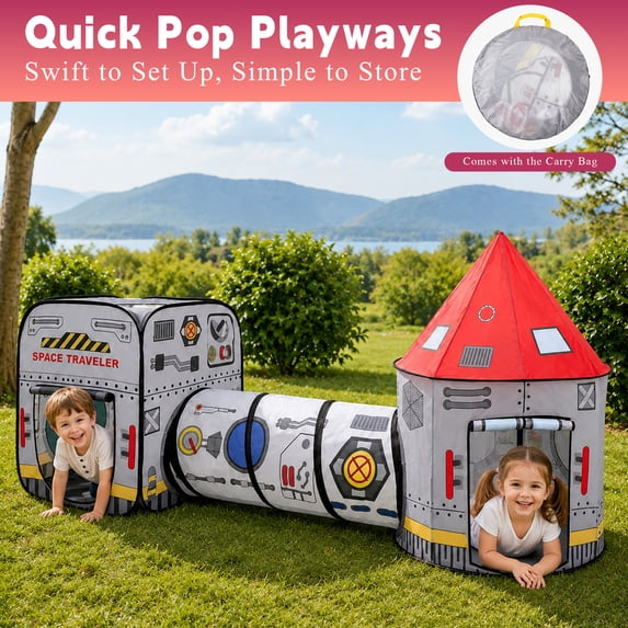 Flynow Rocket Ship Pop up Play Tent toys for 0-1-2-3-4-5-6 year old with Tunnel and Playhouse Kids Indoor Outdoor Castle Ball Pit For Baby&Toddler Toys Spaceship Tent Set