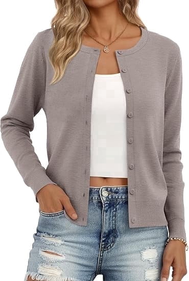 Cardigans for Women Lightweight Button Front Knit Cardigan Long Sleeve Crew Neck Casual Open Front Sweater Jacket for Spring Fall Winter