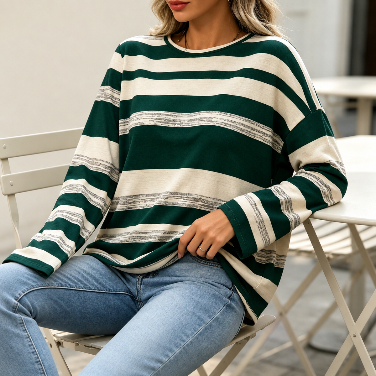 WQD Womens Long Sleeve Sweater Tops Crew Neck Striped Sweater for Women Lightweight Pullover Sweaters Casual Striped Womens Top Sweater