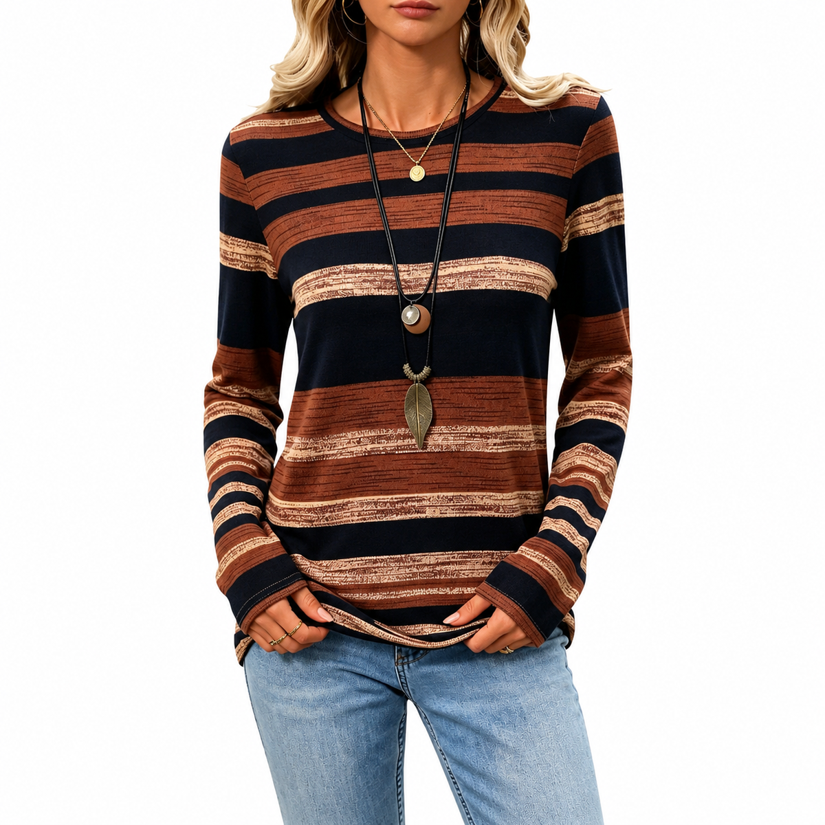 WQD Womens Long Sleeve Sweater Tops Crew Neck Striped Sweater for Women Lightweight Pullover Sweaters Casual Striped Womens Top Sweater